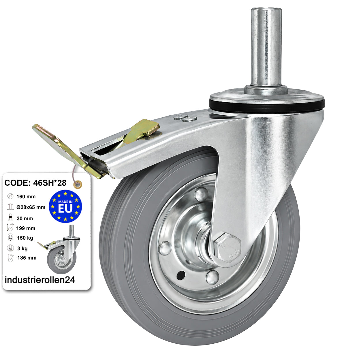 Metall-Gummiräder mit Befestigungsstift und Bremse Lenkrollen  Ø160 mm Code: 46SH*28