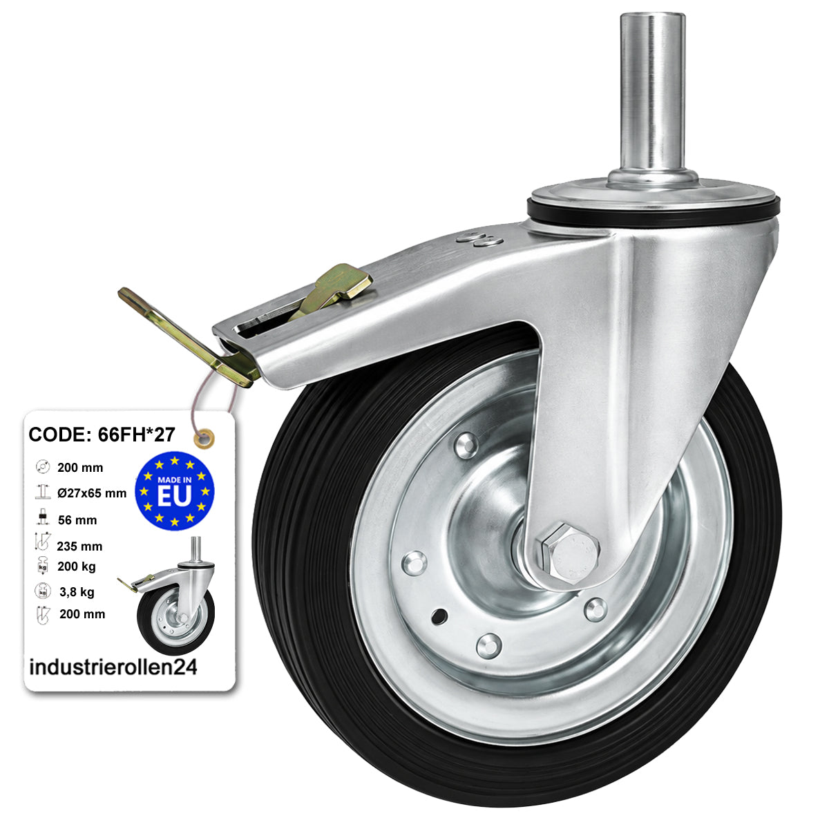 Metall-Gummiräder mit Befestigungsstift und Bremse Lenkrollen  Ø200 mm Code: 66FH*27