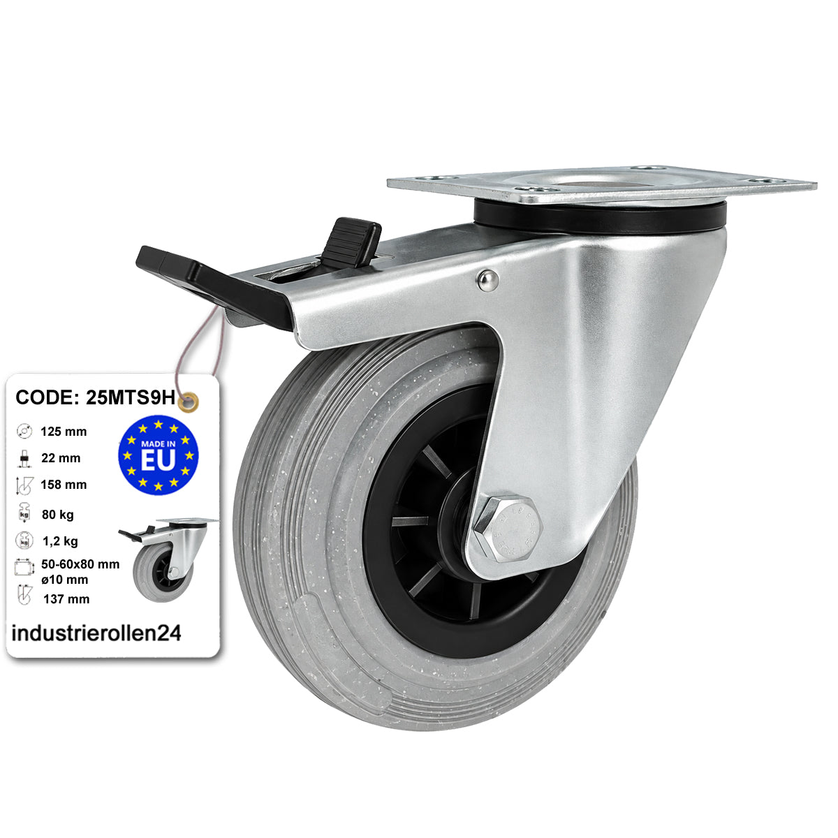 Kunststoff-Gummirrad mit Anschraubplatte und Bremse Lenkrolle Ø125 mm Code: 25MTS9H
