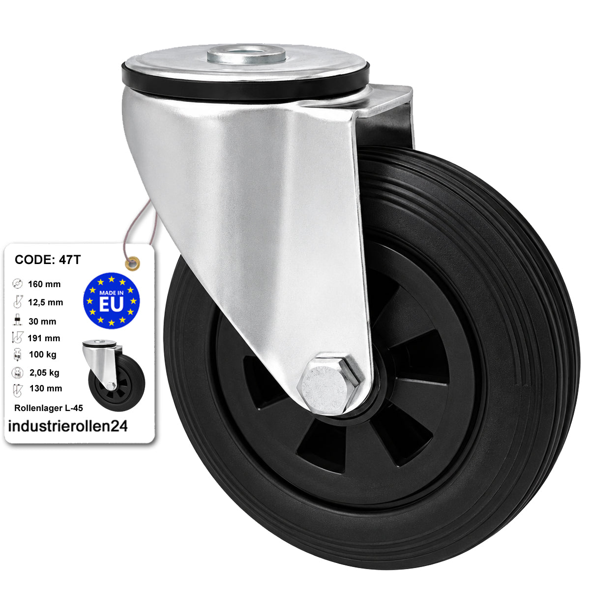 Kunststoff-Gummiräder mit Befestigungsstift mit Zentralbohrung Ø160 mm Code: 47T