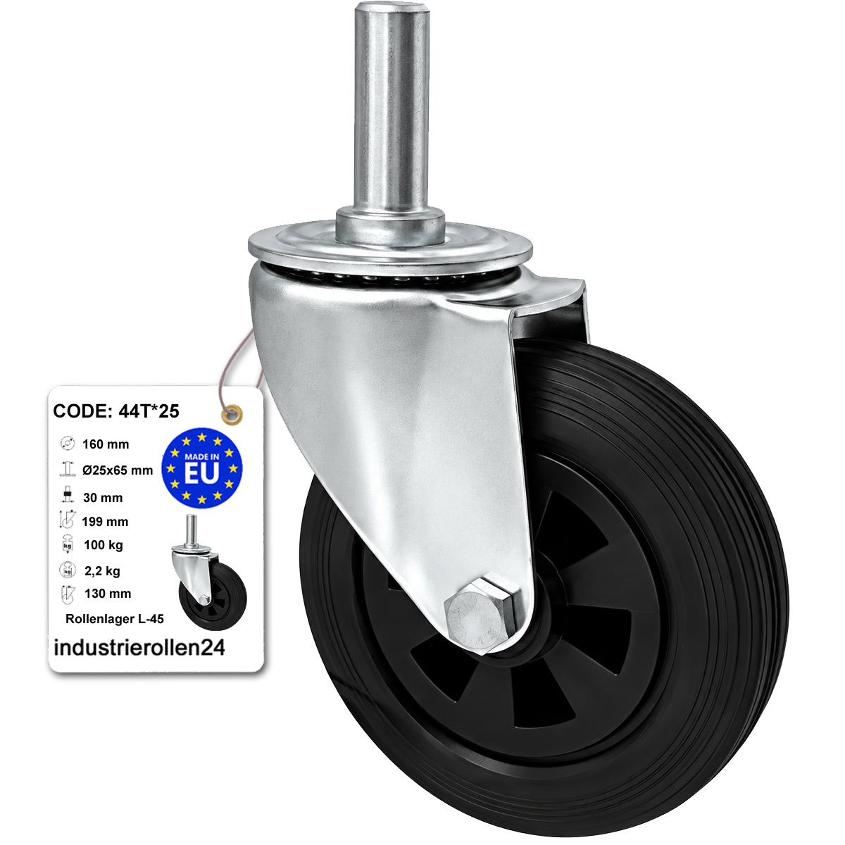 Kunststoff-Gummiräder mit Befestigungsstift Lenkrollen Ø160 mm Code: 44T*25