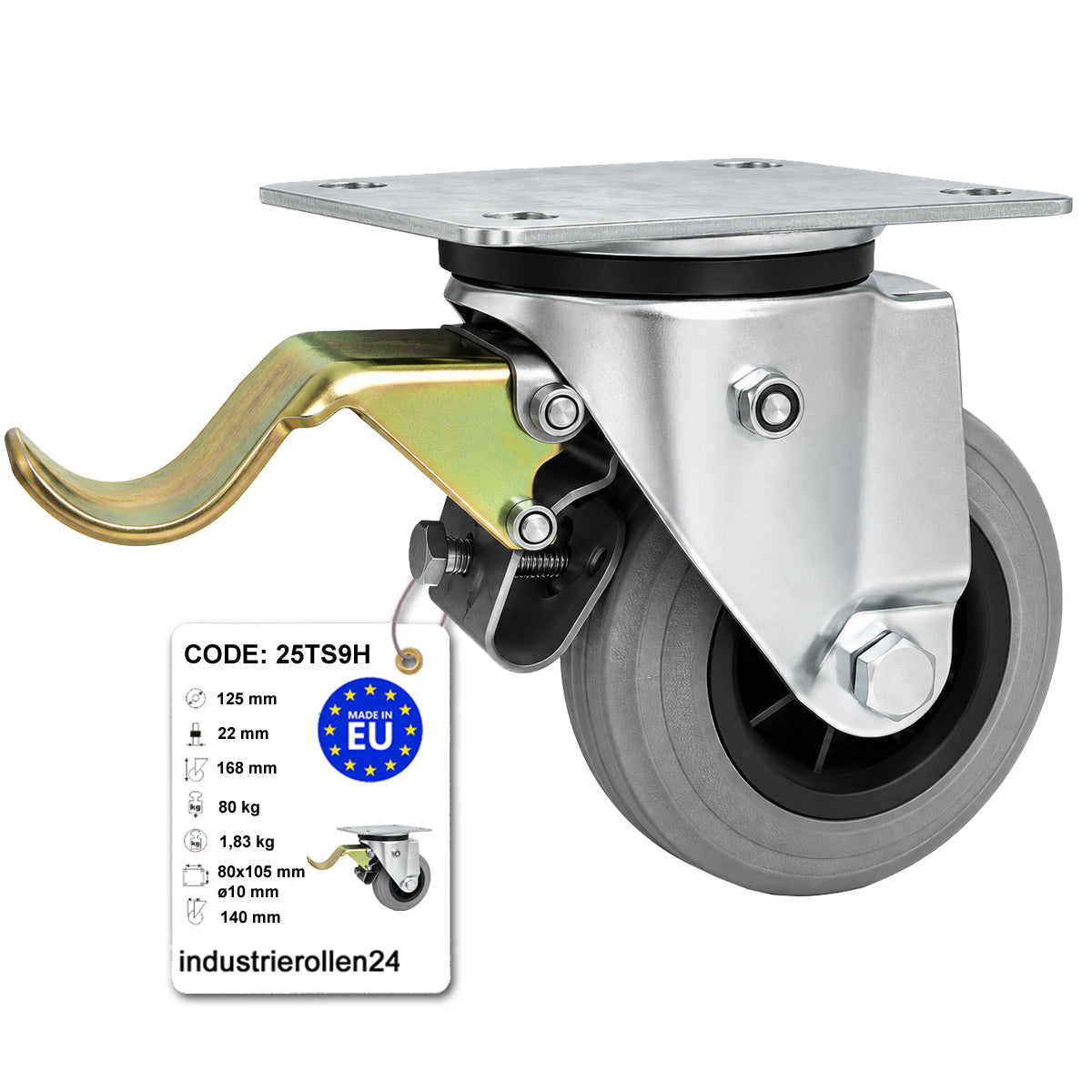 Kunststoff-Gummirrad mit Anschraubplatte und Bremse Lenkrolle Ø125 mm Code: 25TS9H