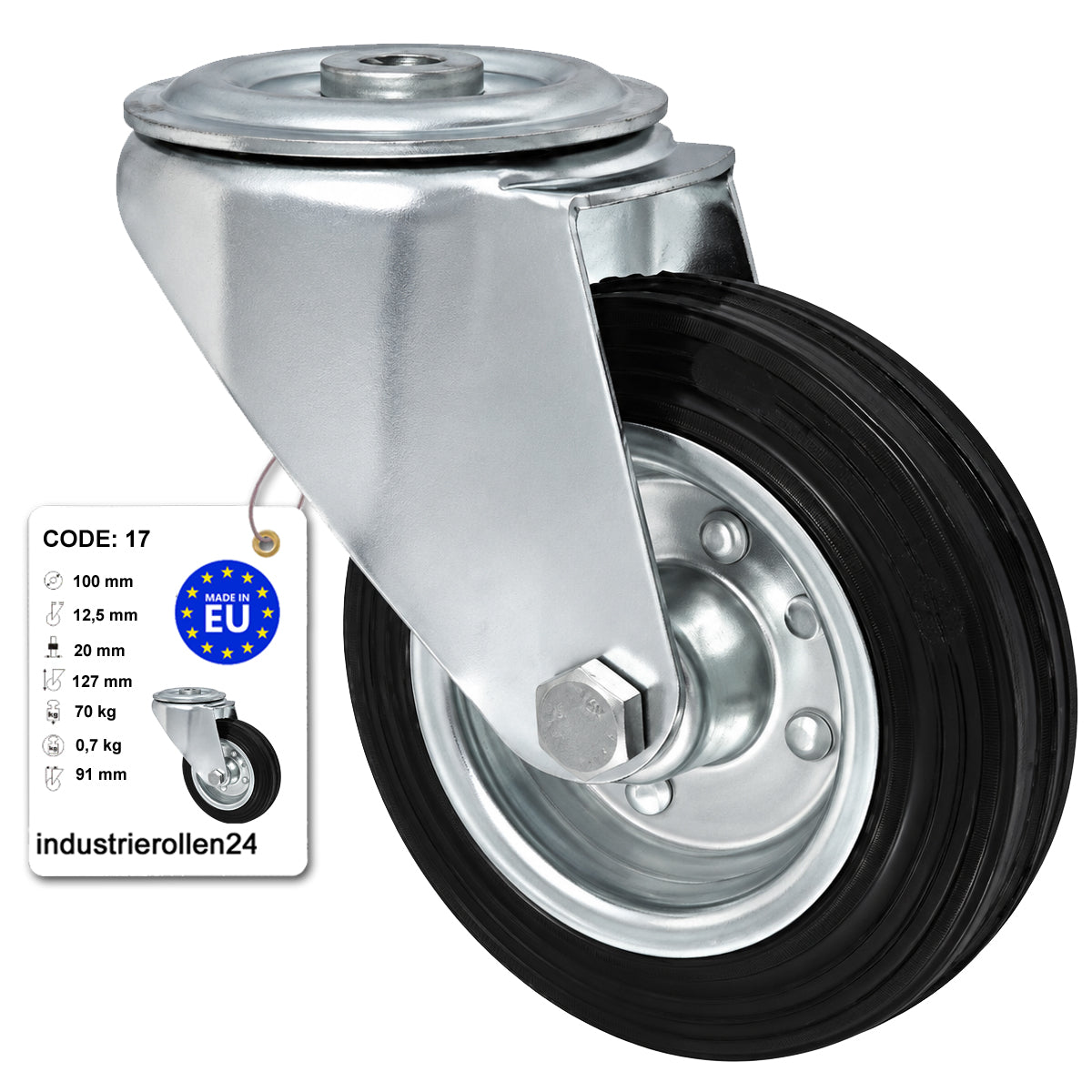 Metall-Gummiräder mit Befestigungsstift mit Zentralbohrung  Ø100 mm Code: 17