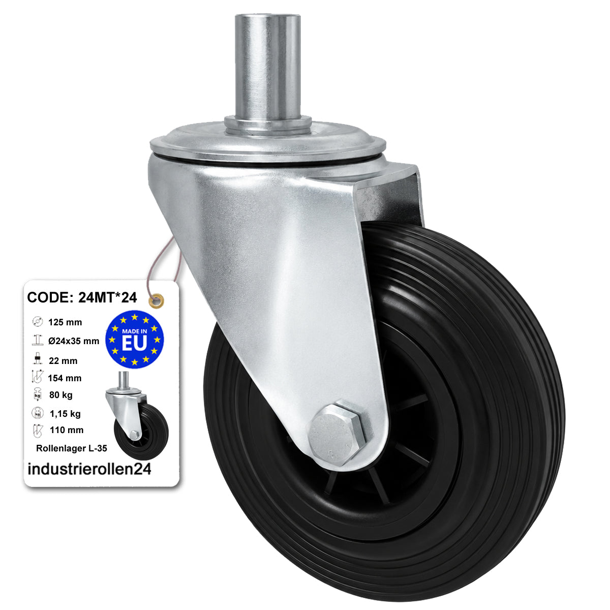 Kunststoff-Gummiräder mit Befestigungsstift Lenkrollen Ø125 mm Code: 24MT*24