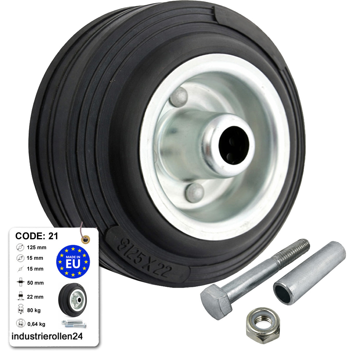 Metall-Gummiräder 125 mm mit Montage-Set – robuste Räder für Transport & Industrie Code: 21