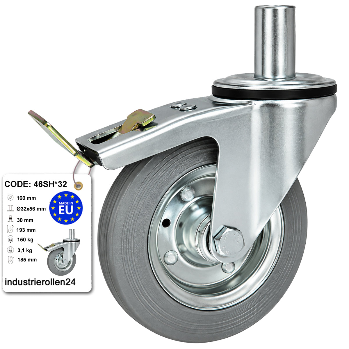 Metall-Gummiräder mit Befestigungsstift und Bremse Lenkrollen  Ø160 mm Code: 46SH*32