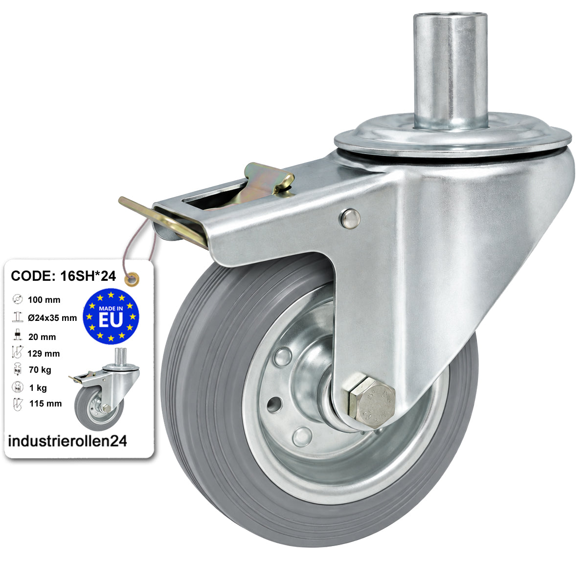 Metall-Gummiräder mit Befestigungsstift und Bremse Lenkrollen  Ø100 mm Code: 16SH*24