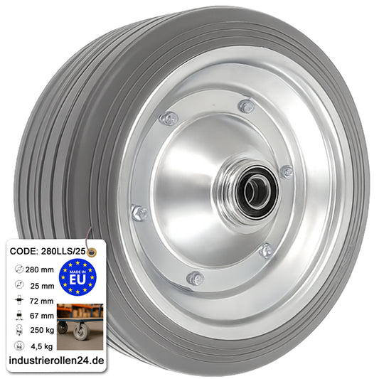 Ersatzrad Ø280 mm – Graues, nicht abfärbendes Vollgummi Industrierad mit Kugellager für Transportwagen, Code: 280LLS/25