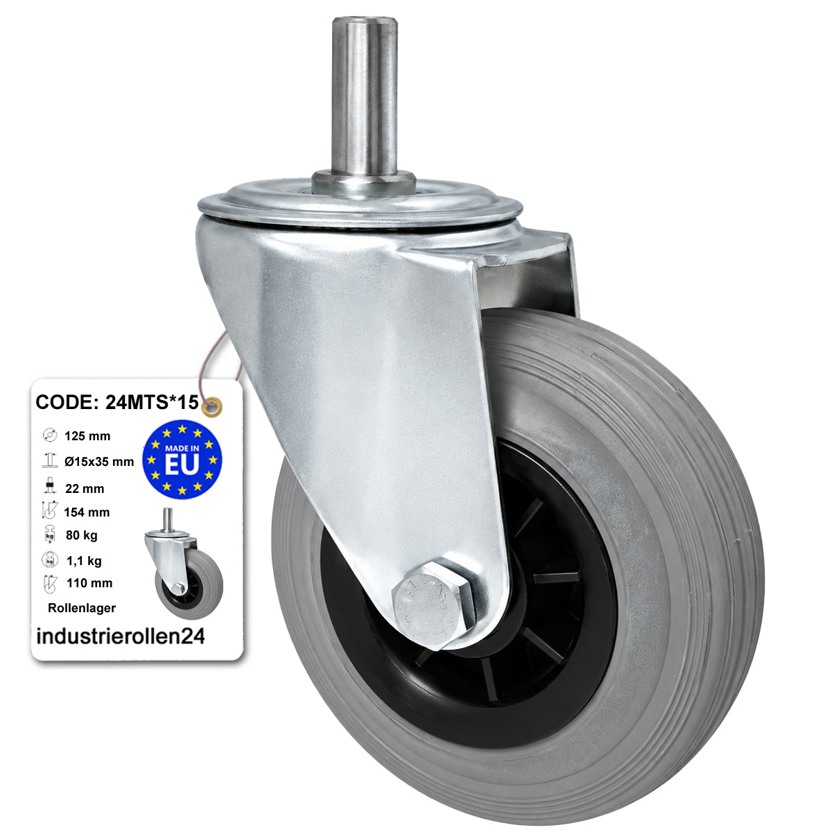 Kunststoff-Gummiräder mit Befestigungsstift Lenkrollen Ø125 mm Code: 24MTS*15
