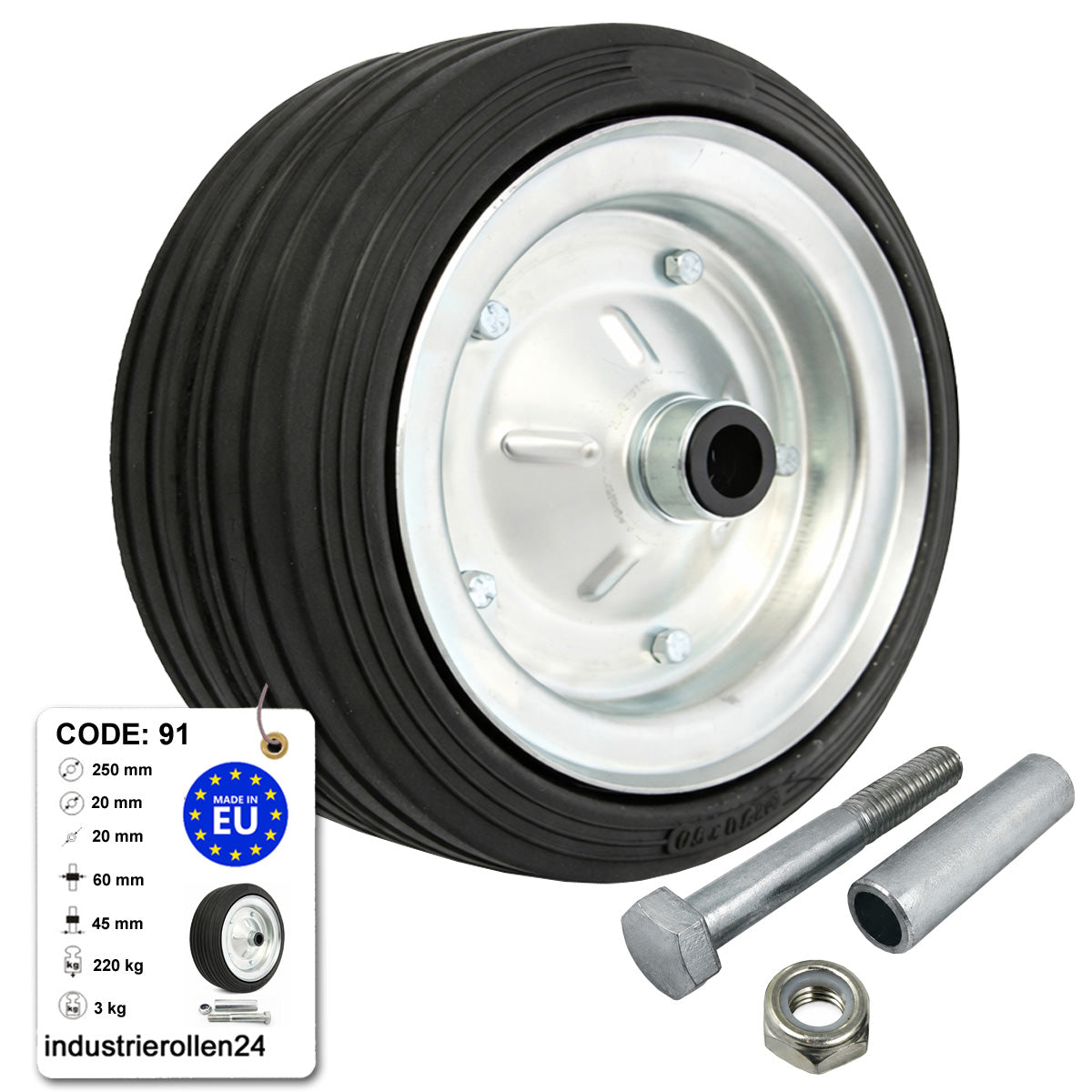 Metall-Gummiräder 250 mm mit Montage-Set – robuste Räder für Transport & Industrie Code: 91