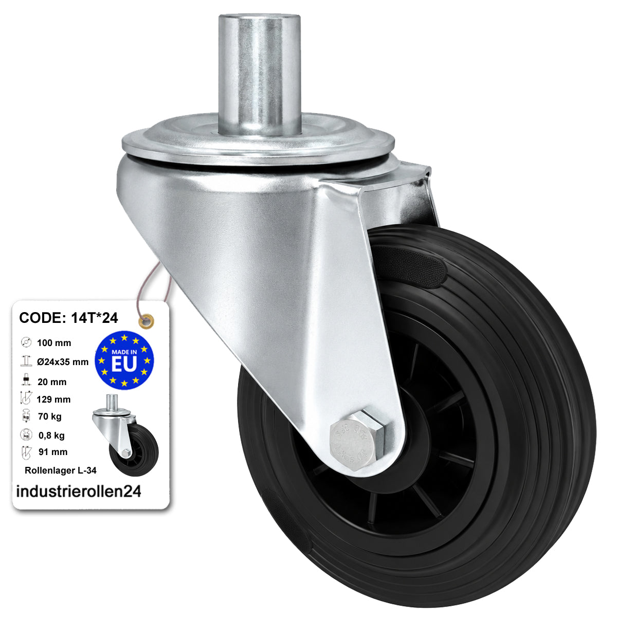 Kunststoff-Gummiräder mit Befestigungsstift Lenkrollen Ø100 mm Code: 14T*24