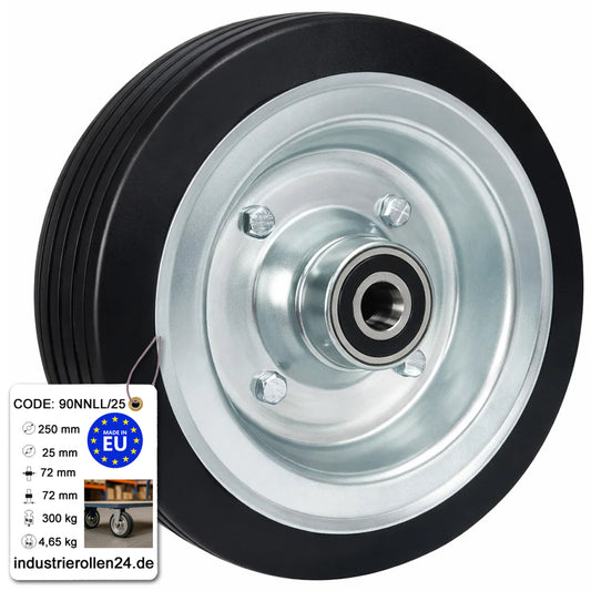 Ersatzrad Ø250 mm – Vollgummi Industrierad mit Kugellager für Transportwagen, Code: 90NNLL/25