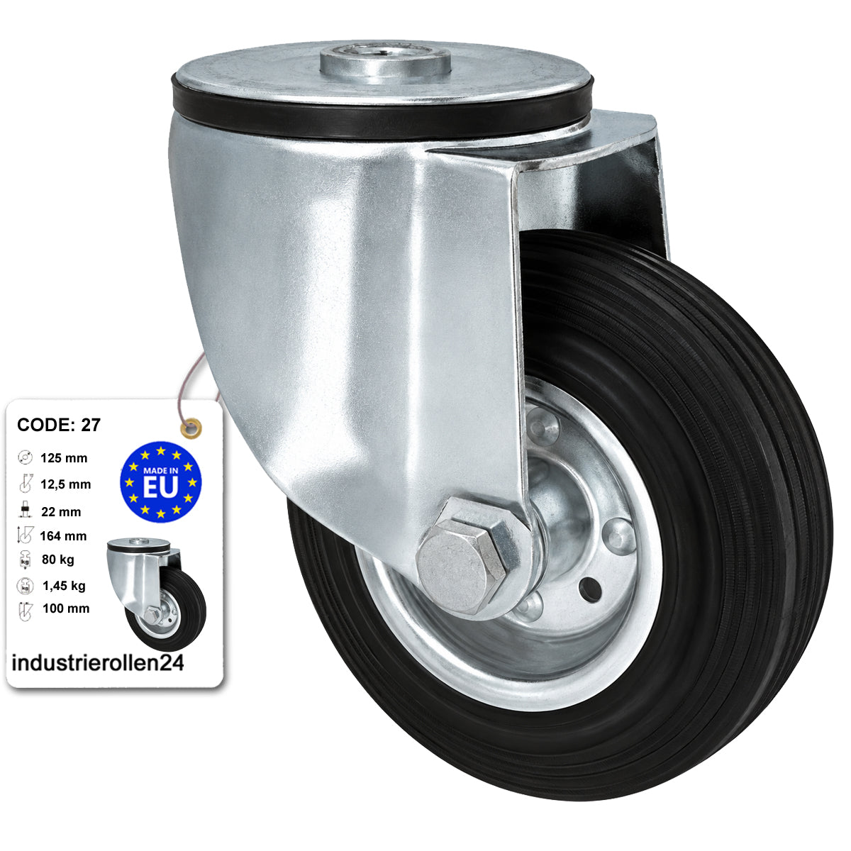 Metall-Gummiräder mit Befestigungsstift mit Zentralbohrung  Ø125 mm Code: 27