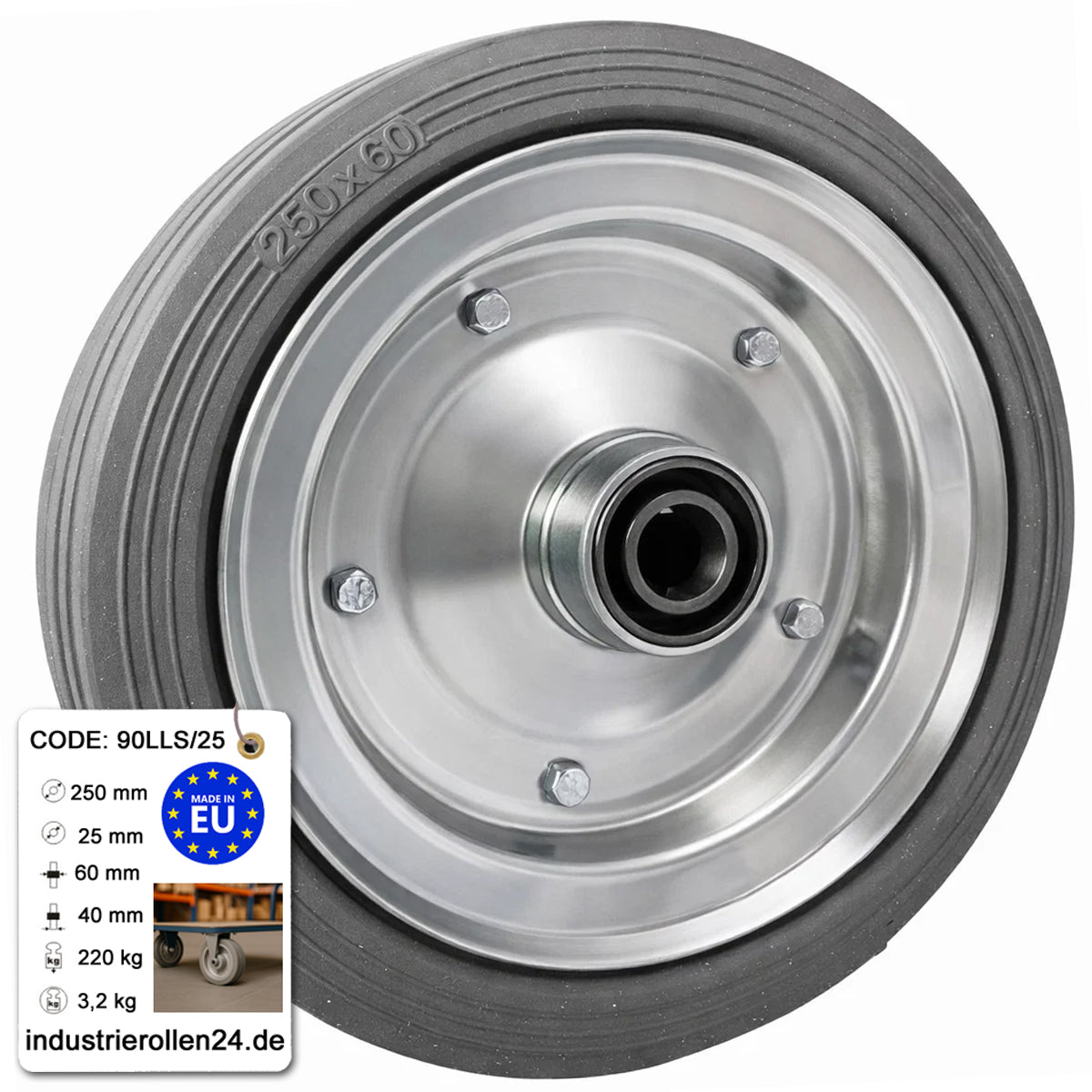 Ersatzrad Ø250 mm – Graues, nicht abfärbendes Vollgummi Industrierad mit Kugellager für Transportwagen, Code: 90LLS/25