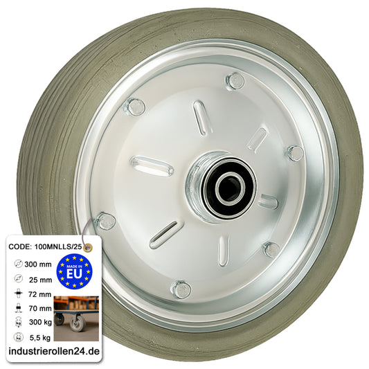 Ersatzrad Ø300 mm – Graues, nicht abfärbendes Vollgummi Industrierad mit Kugellager für Transportwagen, Code: 100MNLLS/25
