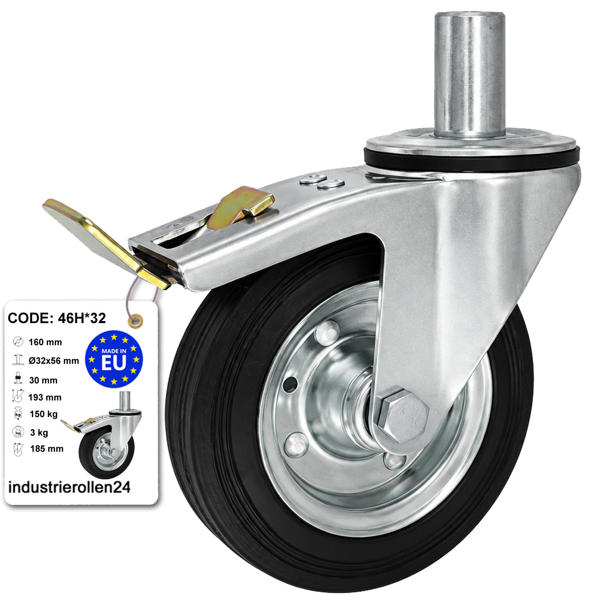 Metall-Gummiräder mit Befestigungsstift und Bremse Lenkrollen  Ø160 mm Code: 46H*32