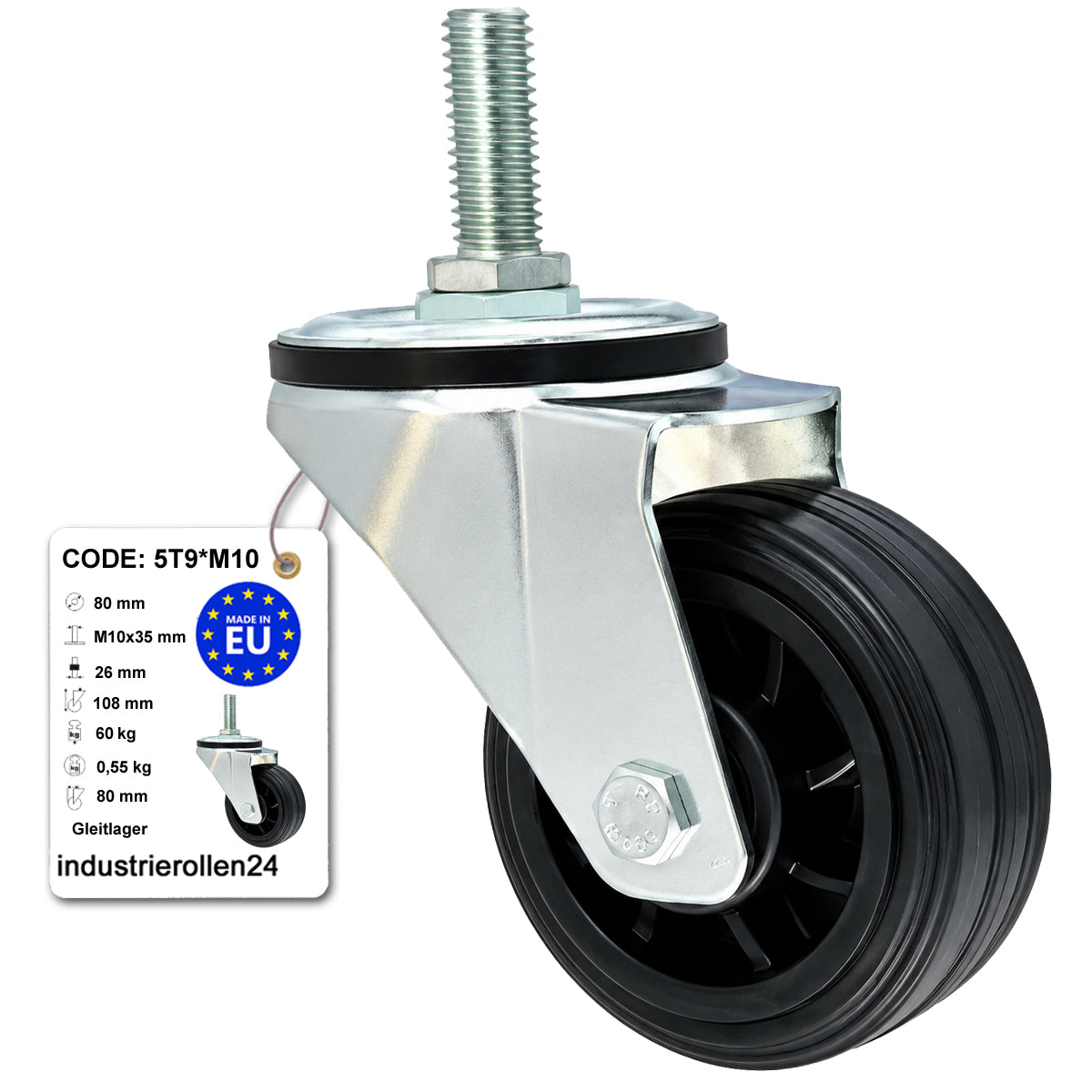 Kunststoff-Gummiräder mit Befestigungsstift Lenkrollen Ø80 mm Code: 5T9*M10