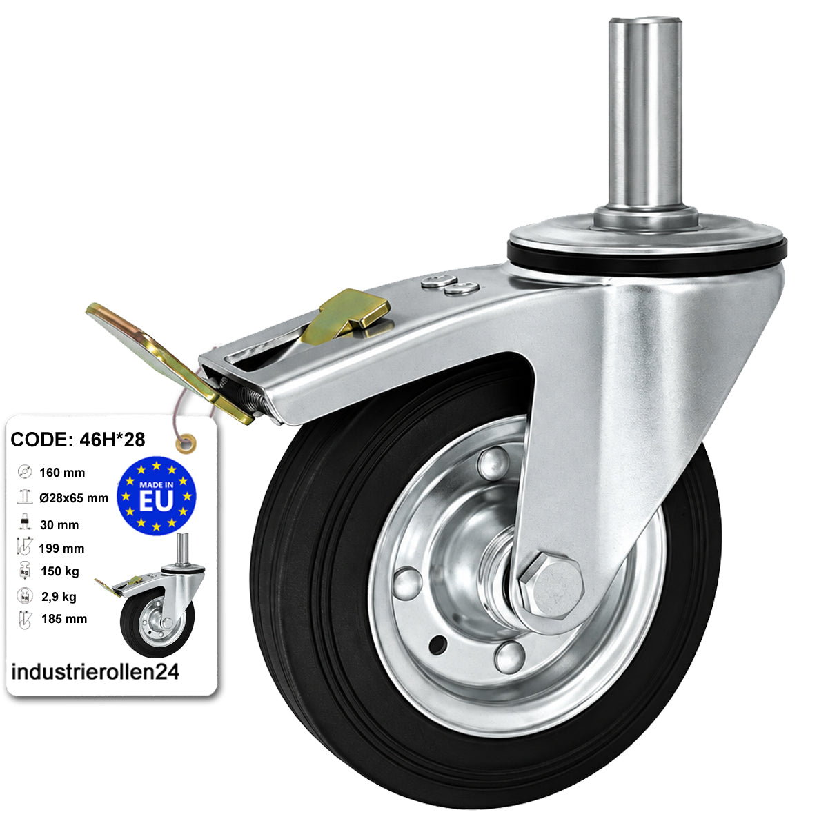 Metall-Gummiräder mit Befestigungsstift und Bremse Lenkrollen  Ø160 mm Code: 46H*28