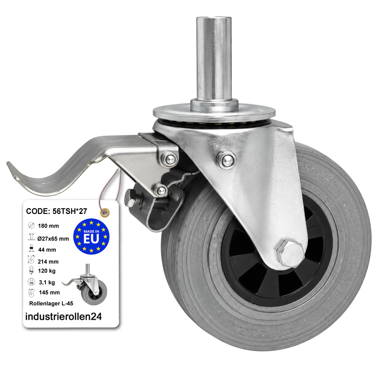 Kunststoff-Gummiräder mit Befestigungsstift und Bremse Lenkrollen  Ø180 mm Code: 56TSH*27