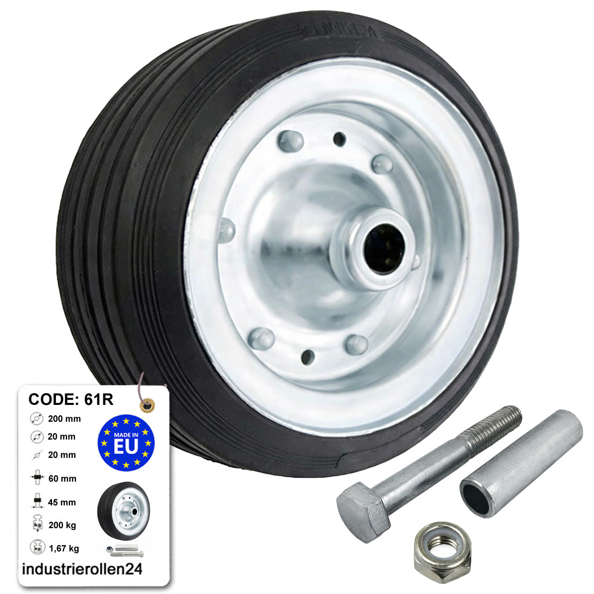 Metall-Gummiräder 200 mm mit Montage-Set – robuste Räder für Transport & Industrie Code: 61R