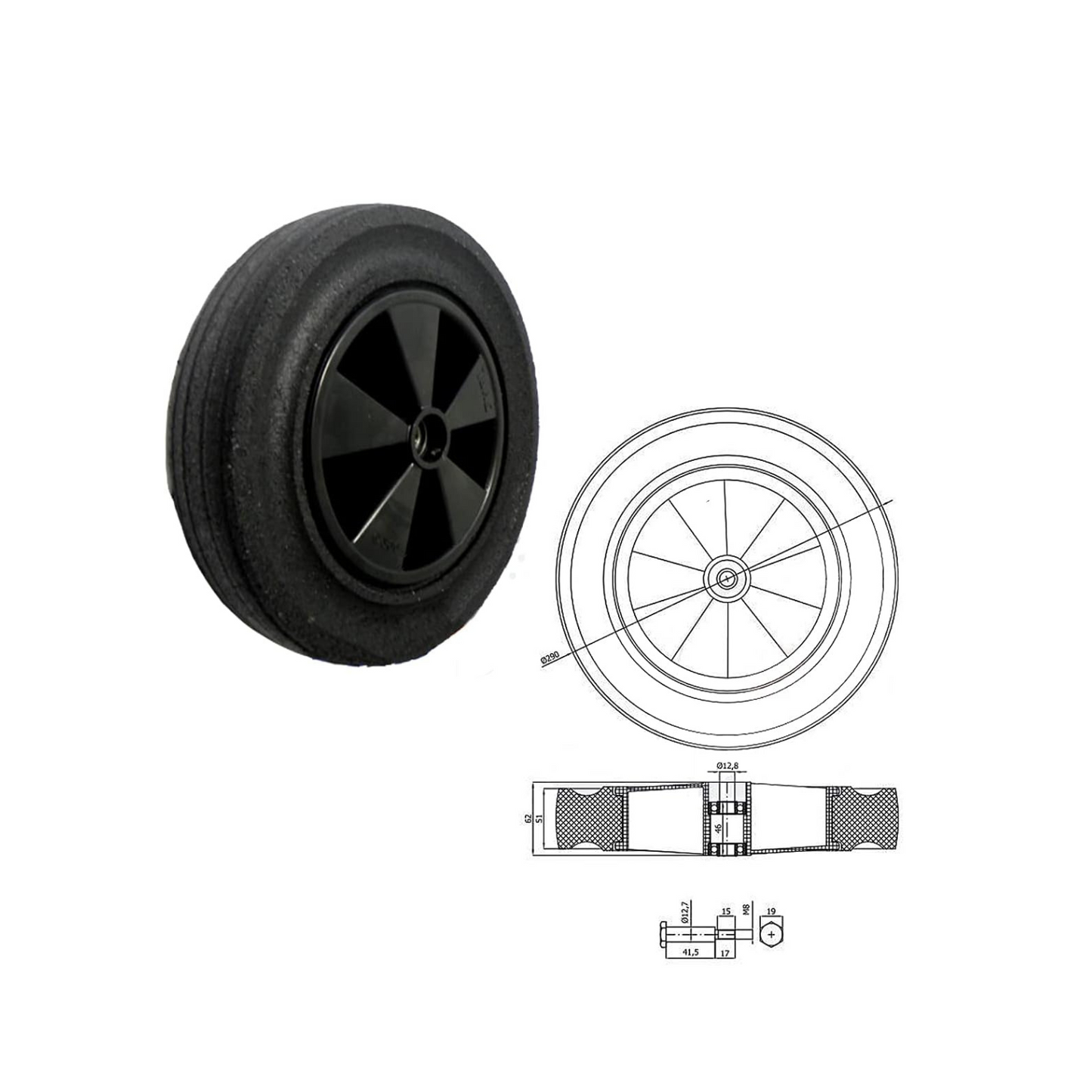 Rasenmäherrad 290 mm – Universal Ersatzrad aus Vollgummi mit Kugellager, Code: K290LL