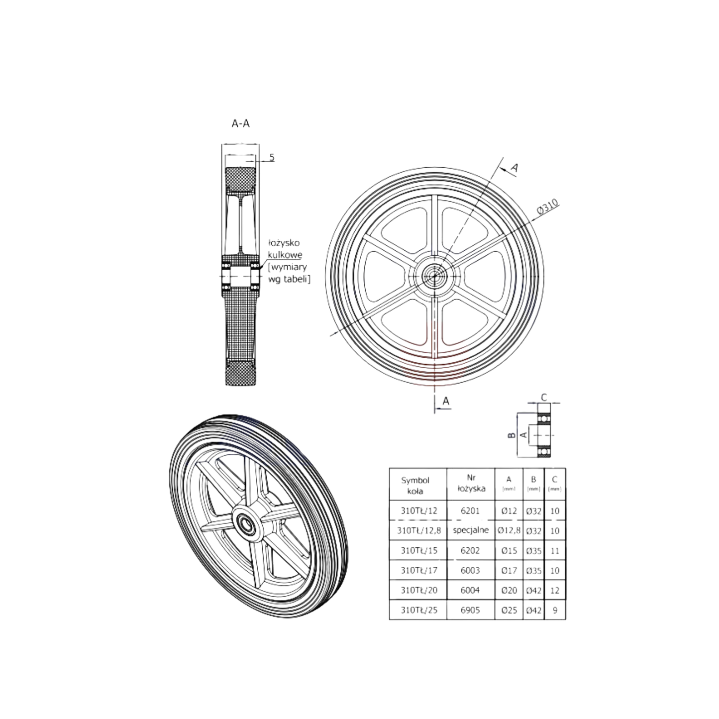 Rasenmäherrad 310 mm – Universal Ersatzrad aus Kunststoff mit Gummilauffläche & Kugellager, Code: 310TLL/12,8