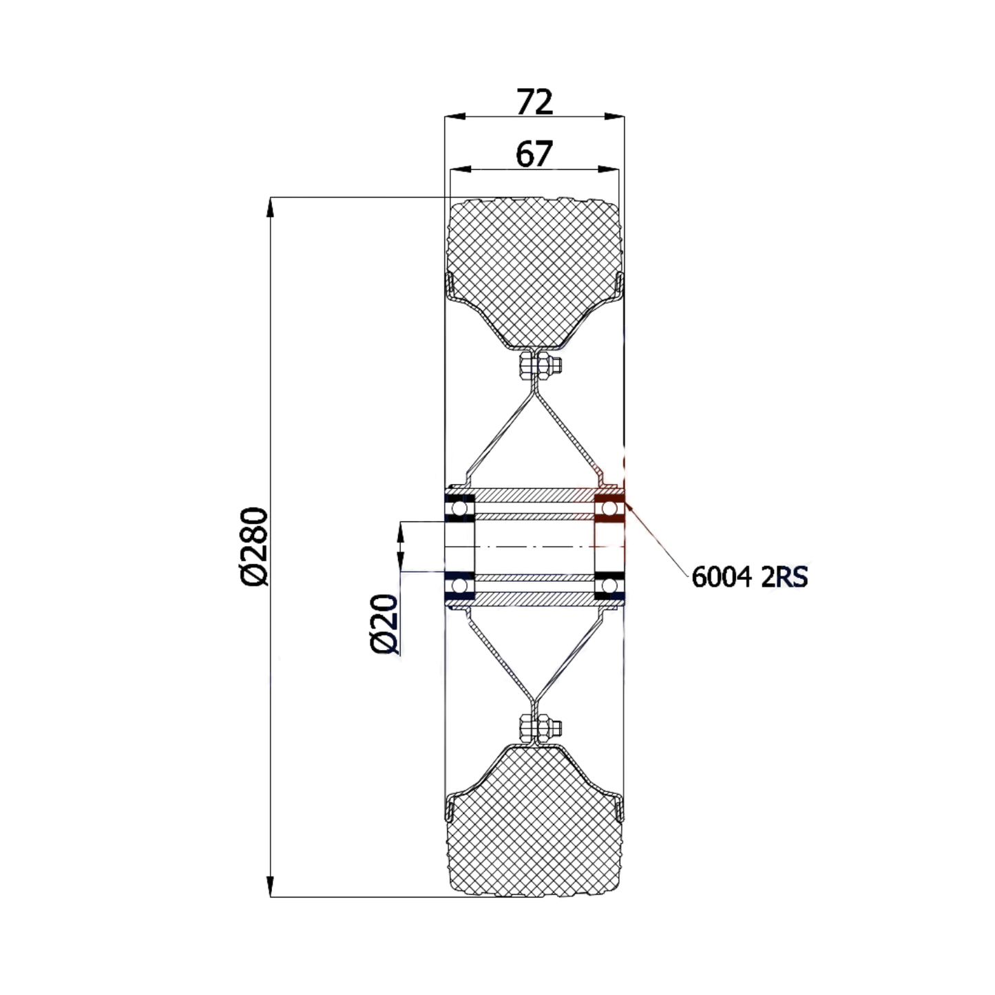 Ersatzrad Ø280 mm – Vollgummi Industrierad mit Kugellager für Transportwagen, Code: 280LL/20